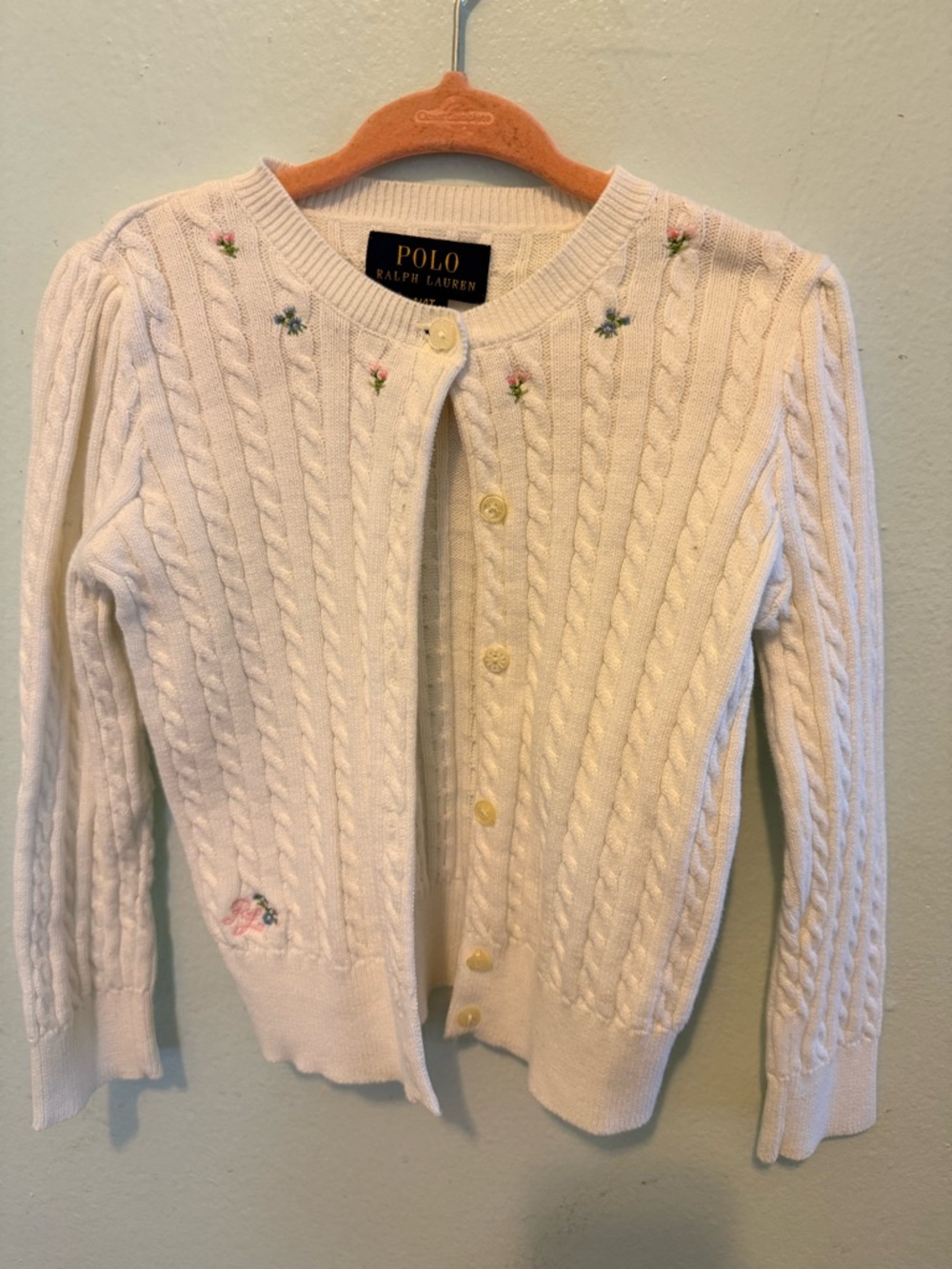POLO Ralph Lauren Girls Cardigan 4T | White Cable Knit Embroidered Sweater